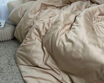 Sand Satin Bedding Set, Luxury Beige Bed Linen, Duvet Cover with Zipper, Fitted or Flat Sheet, 2 Pillowcases, Custom Size Bedding