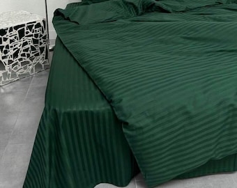 Green Striped Cotton Bedding Set: Duvet Cover, Pillowcases & Sheet