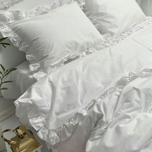 White Ruffle Cotton Bedding Set, Duvet Cover, Pillowcases, Fitted Sheet, Custom Size