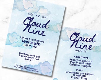 May include: A blue and white watercolor invitation with clouds and stars. The text reads "We're on Cloud Nine" and "Join us to celebrate Lexi's 9th birthday!"  Sunday, June 5th, Los Angeles, CA 3-6PM. To RSVP, please contact Lexi's mom at (123) 456-7800.