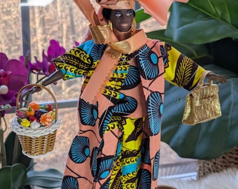 Muñeca Barbie OOAK: Vestido de África Occidental, turbante de gele y cesta de frutas