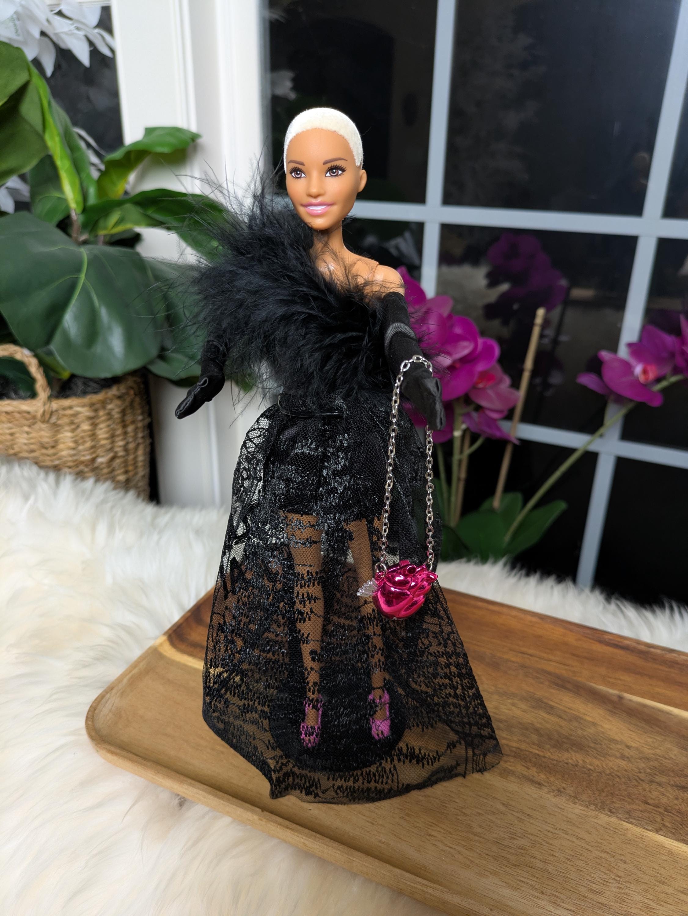 Handmade Barbie Lace and Feather Gown Black Dress paired with Satin Gloves