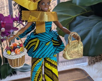 Muñeca Barbie Fashionista OOAK: Vestido de África Occidental, cesta de cosecha y bolso