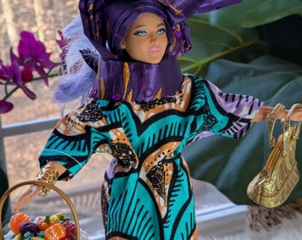 Muñeca Barbie Fashionista OOAK: Vestido, cesta de frutas y bolso de África Occidental