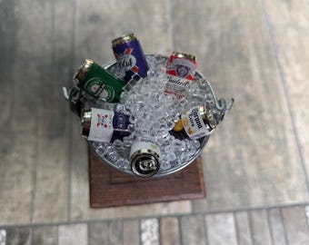 Miniature beer can set with ice bucket – tiny dollhouse beverage display