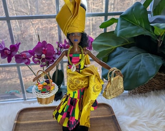Muñeca Barbie Fashionista OOAK: Vestida con estilo africano occidental y gel dorado
