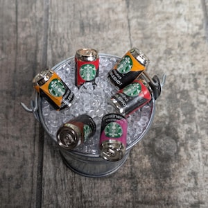 Miniature Starbucks Iced Coffee Bucket – tiny mixed coffee cans & ice for dollhouse display