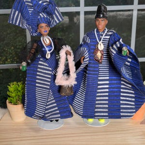 Male & female couple, 2 barbie dolls ooak redressed in African clothes, authentic Ghanaian Kente, with a mini designer purse and two drinks