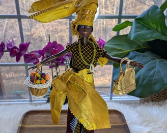 Muñeca Barbie Fashionista OOAK: Vestido, bolso y cesta de frutas dorados de África Occidental