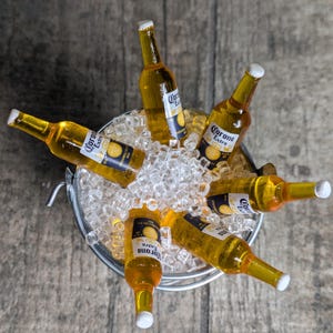 Miniature Corona Beer bottles in ice bucket – tiny summer party drinks for dollhouse fun