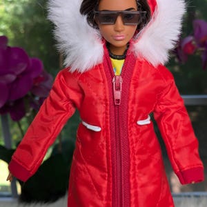 Doll Puffy Winter Coat, Red Miniature Parka With Stockings, Shoes, Drinks; Barbie, Blythe, Doll, 1/6 Action Figure Dress, Clothes