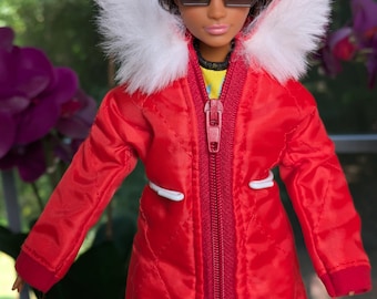 Abrigo de invierno acolchado para muñeca, parka roja en miniatura con bebidas; Barbie, Blythe, muñeca, vestido para figura de acción 1/6, ropa