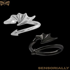 Puede incluir: Dos anillos con diseño de alas de diablo. Un anillo es plateado y el otro negro. Los anillos tienen un diseño en espiral con forma de ala en la parte superior y una cola puntiaguda. El fondo es negro.