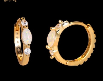 Dainty Opal Hoop Earrings, White Opal Huggie Hoop Earrings, 925 Sterling Silver Earrings, Everyday Earrings, Bridesmaid Gifts for Her