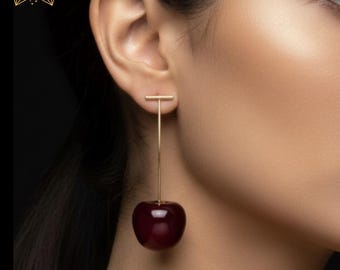 Dark Red Cherry Drop Earrings: Sterling Silver Fruit Jewellery, Gift for her, Christmas Gift, With Gift Pouch