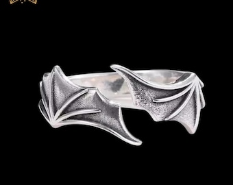 Sterling Silver Vampire Bat Ring: Adjustable Gothic Bat Wing Jewelry