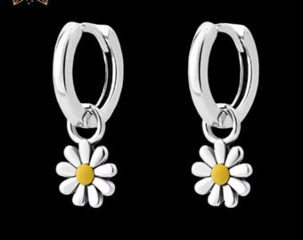 Daisy Flower Charmed Hoop Earrings in Sterling Silver - Cute Flower Blossom Huggie Hoop Earrings - Fun, Gift for her