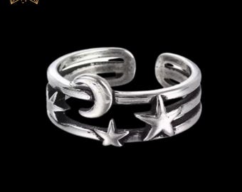Sterling Silver Star and Moon Ring: Vintage Adjustable Band, 925 Ring, Gift for her, New Year Gift