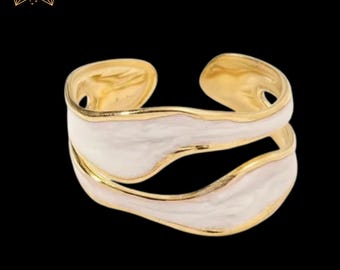 White Enamel Ring for Women, Gold Plated Adjustable Ring, Open Stackable Ring, Enamel Engagement Ring, Best Wedding Anniversary Gift for Her