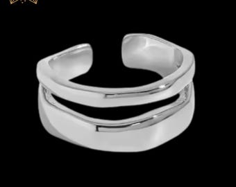 S925 Sterling Silver Double-Layer Minimalist Ring – Open Adjustable Statement Ring – Gift for her – Silver/Golden – Gift Pouch