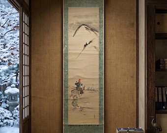 Antique Japanese Scroll Painting by Misao Kawabune "Minamoto no Yoritomo Falconry Hunt" – Musha-e / Historical Warrior Art (Genuine Work)