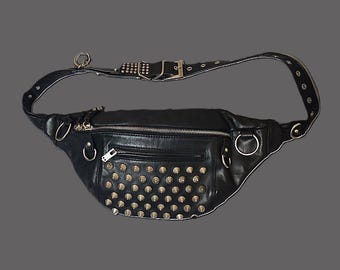 Rat Roen Japanese Brand Leather Studded Body Bag, Punk Rock Belt Bag, Harajuku Streetwear Crossbody, Motorcycle Fanny Pack Heavy Metal Goth