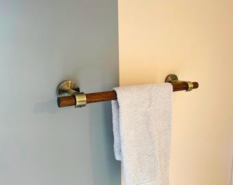 Wooden Towel Holder with Two Brass Color Brackets – Rustic & Elegant Home Decor