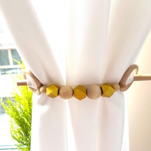Wooden Bead Curtain Holdback – Handmade Tieback with Gold Beads & Wooden Pin – Elegant Window Accessory