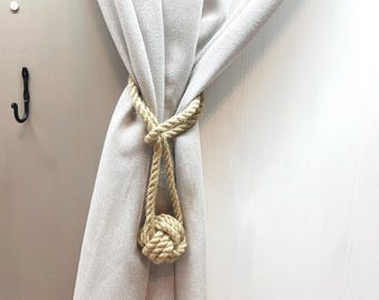 Jute Curtain Tieback – Monkey Fist Knot Rope Holdback for Rustic & Boho Décor