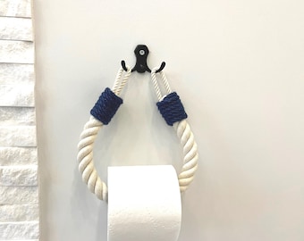 Toilet paper holder..Cotton rope  with navy blue decor.. stylish bathroom organizer