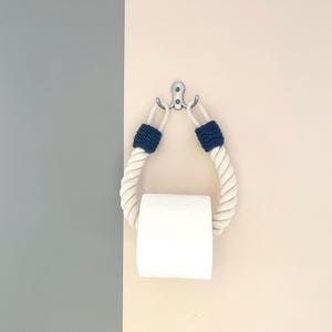 Toilet Paper Holder - White Rope  with Dark Blue Accent - Metal Hook – Nautical & Rustic Style