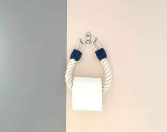 Toilet Paper Holder - White Rope  with Dark Blue Accent - Metal Hook – Nautical & Rustic Style