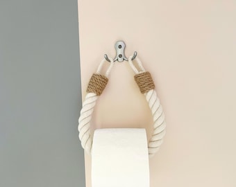 Handmade White Rope Toilet Paper Holder with Jute Accent - Metal Hook – Rustic & Coastal Decor