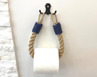 Toilet paper holder..Jute rope with navy blue decor.. stylish bathroom organizer