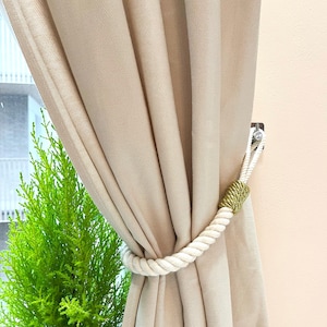 Curtain holdback - White cotton rope curtain tie with golden decor - handmade elegance