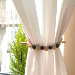 Curtain tie back - Wooden Bead Curtain Holdback – Handmade Tieback with Dark Grey Crystal Beads & Wooden Pin – Elegant Window Decor