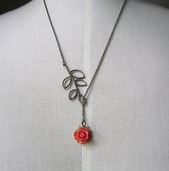 Leave Branch With Coral Rose Assymetric Lariat Necklace | Etsy