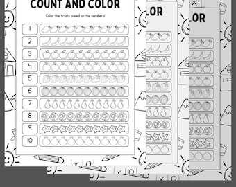 May include: A black and white printable worksheet with the text "Count and Color". The worksheet features a picture of a sun, a house, and mountains. There are 10 rows of different fruits, with numbers 1 through 10 next to each row. The worksheet is designed for children to count and colour the fruits.