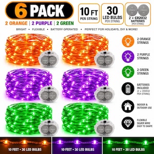 May include: A 6-pack of battery-operated LED string lights, each 10 feet long with 30 bulbs. Includes 2 orange, 2 purple, and 2 green strings. Each string uses 2 CR2032 batteries. The flexible silver wire is designed for indoor and outdoor use.