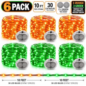 May include: A 6-pack of 3-metre LED string lights featuring 30 bulbs per string. The set includes three orange and three green strands, each powered by two CR2032 3V batteries. The lights are shown coiled with battery packs and extended.