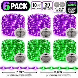 May include: A 6-pack of LED string lights, each 10 feet long with 30 bulbs. The set includes 3 purple and 3 green strands, each powered by 2 CR2032 batteries. The clear battery packs feature an on-off switch and are visible with each coil.