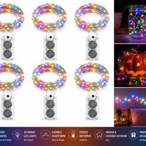 May include: Six strands of multi-colored LED fairy lights on flexible silver wire, each with a clear battery pack containing two CR2032 3V batteries. The lights are shown coiled and also displayed inside a glass jar, around a pumpkin, and on a wall.