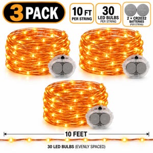 May include: A 3-pack of copper wire string lights, each 10 feet long with 30 warm LED bulbs. Each string includes a clear battery pack with two CR2032 batteries. The text reads 3 PACK, 10 FT PER STRING, 30 LED BULBS PER STRING, 2 x CR2032 BATTERIES, 10 FEET, and 30 LED BULBS (EVENLY SPACED).