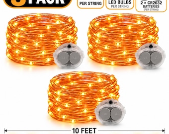 Pomarańczowe lampki choinkowe, 3 sztuki, zasilane bateriami, 30 diod LED, 10-stopowy łańcuch świetlny, dekoracje na Halloween, lampki dyniowe, dekoracje jesienne, rękodzieło DIY