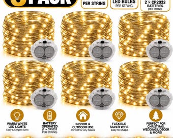 Op de afbeelding: Een 6-pack lichtsnoeren van 3 meter lang, elk voorzien van 30 warmwitte LED-lampjes op flexibel zilverdraad. Elk snoer werkt op batterijen, vereist 2 CR2032-batterijen en bevat een kleine doorzichtige batterijhouder met aan-uitschakelaar.