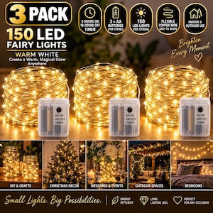 150 LED Fairy Lights 3 Pack, Warm White Battery Operated String Lights with Timer, Copper Wire Lights for Christmas Wedding Decor
