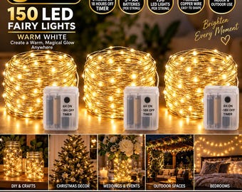 150 luces LED de hadas (paquete de 3), luz blanca cálida, funcionan con pilas y tienen temporizador. Luces de alambre de cobre para decoración navideña y de bodas.