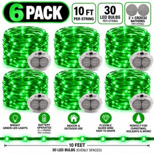 May include: A 6-pack of 10-foot string lights featuring 30 green LED bulbs per string. Each string includes a battery pack for two CR2032 batteries. The lights are on a flexible silver wire, suitable for indoor and outdoor use, with a total length of 10 feet.