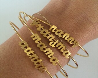 Tiny Gold Script Bangle…Gold Cursive letter bracelet. Silver Small Initial Bracelet.Create your own. Custom