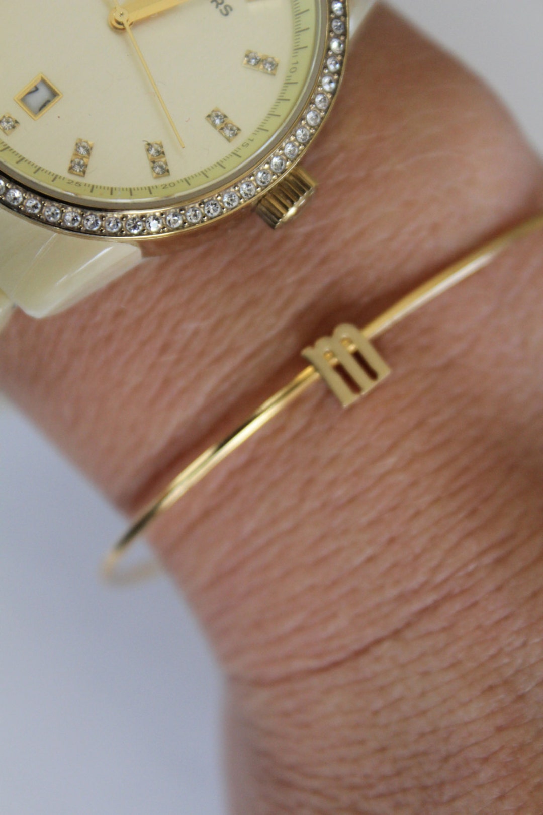 Tiny Gold Initial Bangle Braceletsilver Initial Bracelet. Etsy